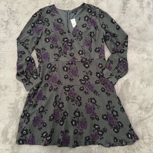 NWT Ann Taylor Long Sleeve Gray Purple Floral Dress Women's 14